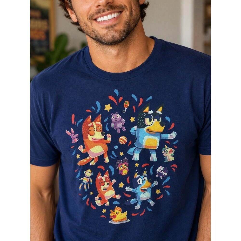 Bluey Dance Mode Bandit Bingo Chilli Graphic T-Shirt Unisex XL Navy Cotton Tee